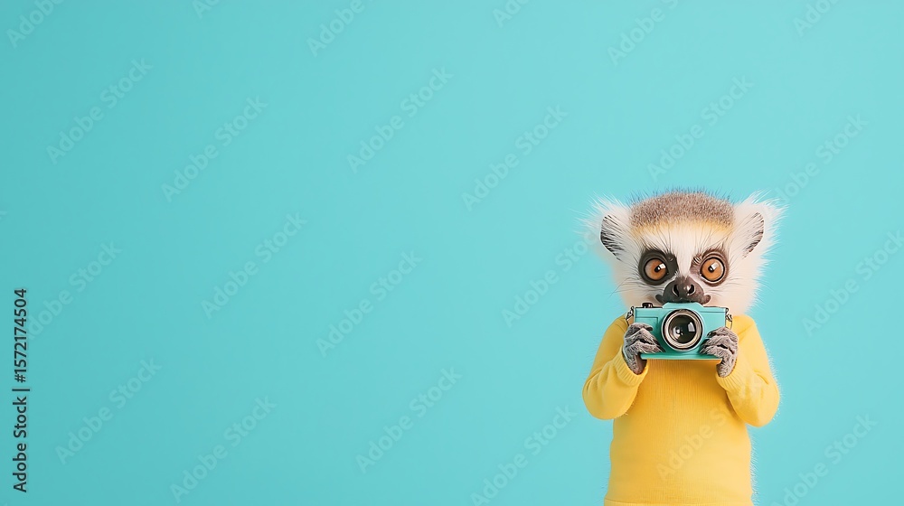 Fototapeta premium Cute Lemur Holding Camera, Photography Concept