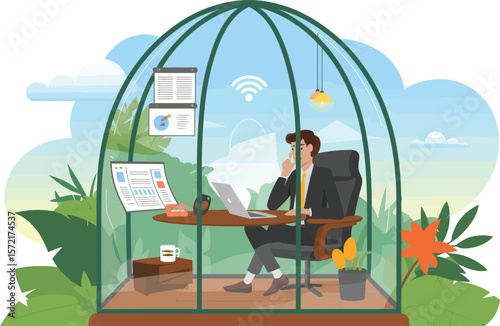 Man working in a transparent dome office surrounded by lush green plants and nature. Vector Image, AI Generated