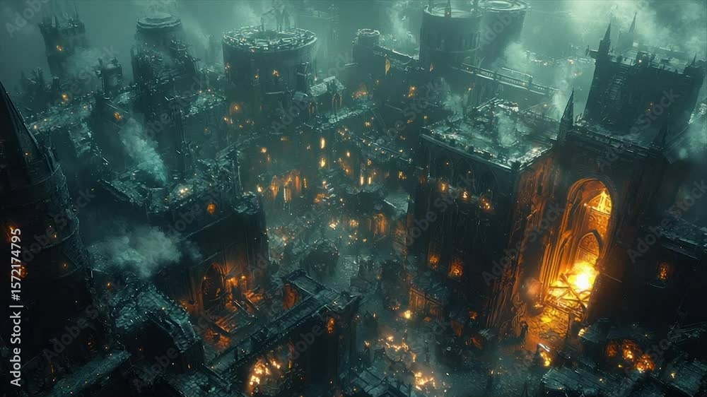 A sprawling gothic city engulfed in shadow and fire, viewed from a high vantage point