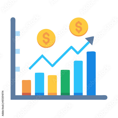 Colorful bar chart depicting financial growth with coin icons