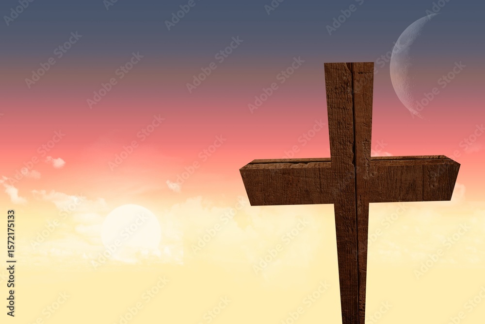 Obraz premium Wooden cross is standing in flat design gradient horizon sky, with bright sun and faint moon