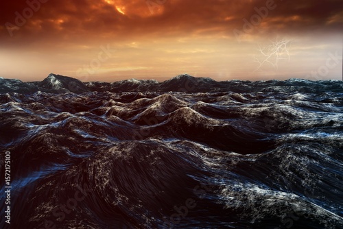Flat design is showing rough ocean waves rising under fiery storm clouds with lightning