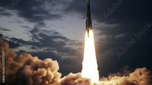 Rocket Launching Skyward From Launchpad At Dusk Aerial View