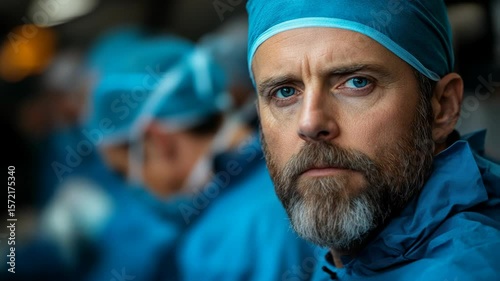 Surgeon in Blue Scrubs and Surgical Mask Displaying Intense Focus During Medical Procedure