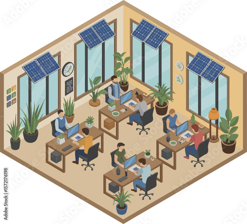 Modern office space with employees working at desks and solar panels on the windows. Vector Image, AI Generated