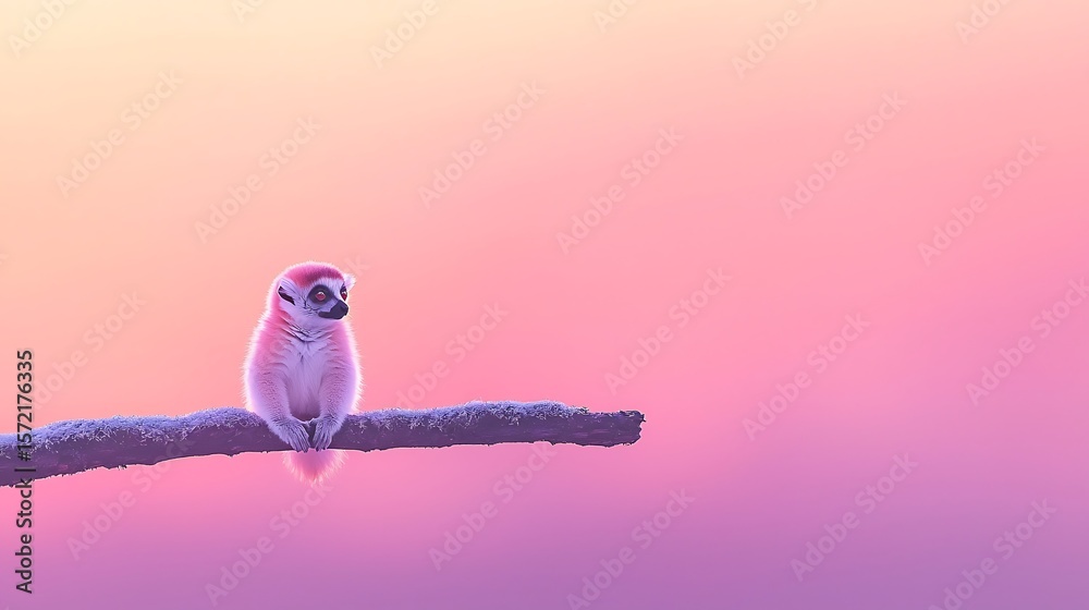 Fototapeta premium Cute Lemur on Branch in Pastel Sunset Sky