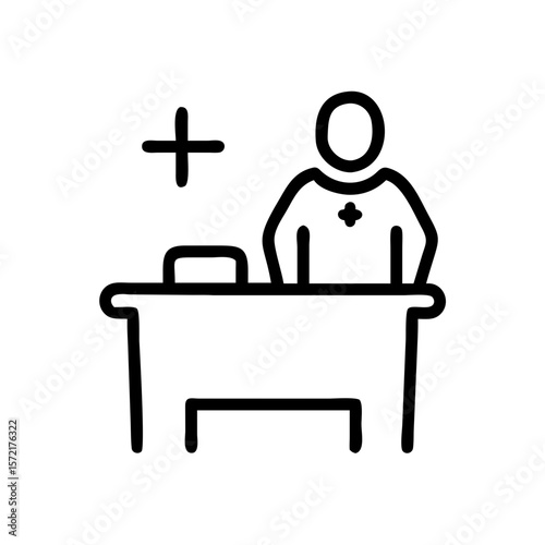 Doctor standing behind desk in medical office with health symbol  
