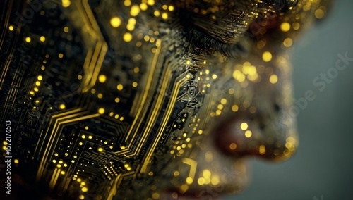 Futuristic Human Face with Circuitry and Digital Lights in Dark Environment