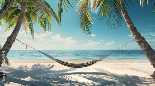 Fototapeta Naklejka Na Ścianę i Meble -  A lone hammock between two palm trees on a white sand beach	A single, empty hammock sways gently between two palm trees on a deserted white sand beach, facing a calm, turquoise ocean.
