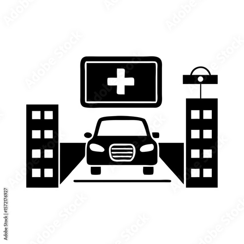 Hospital parking icon with car and buildings in flat design  