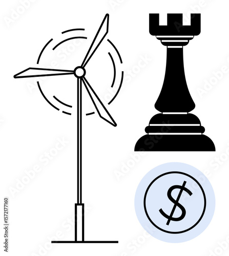 Wind turbine, dollar sign in a circle, and chess rook symbolizing renewable energy, economics, and strategy. Ideal for energy, finance, innovation, planning growth sustainability decision-making