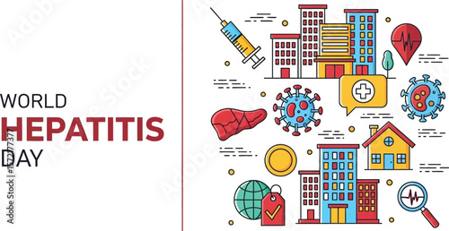 World hepatitis day illustration with medical and city related elements