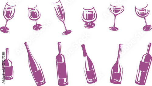 Wine Bottle and Glass Vector Set – Alcohol, Beverage, Drink, Bar, Winery, Celebration, Red Wine, Graphic, Party, Icon

