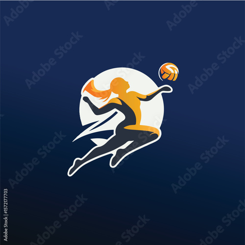 Vector logo of a person playing volleyball in a dynamic jumping pose, hitting the ball in mid-air. Designed in a clean, minimalist style with bold lines and modern flat design. 