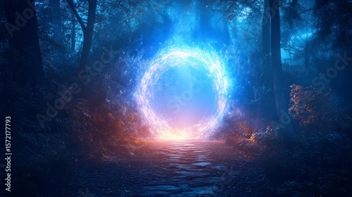 Magic teleport portal in a mystic forest, gate to a parallel world