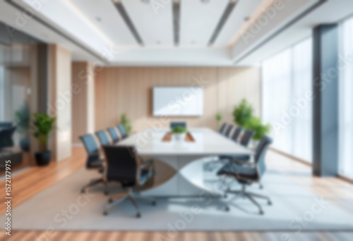 blurry office, interior of a modern office with a large meeting table, green theme, small plants in the corners of the room, office wallpaper.