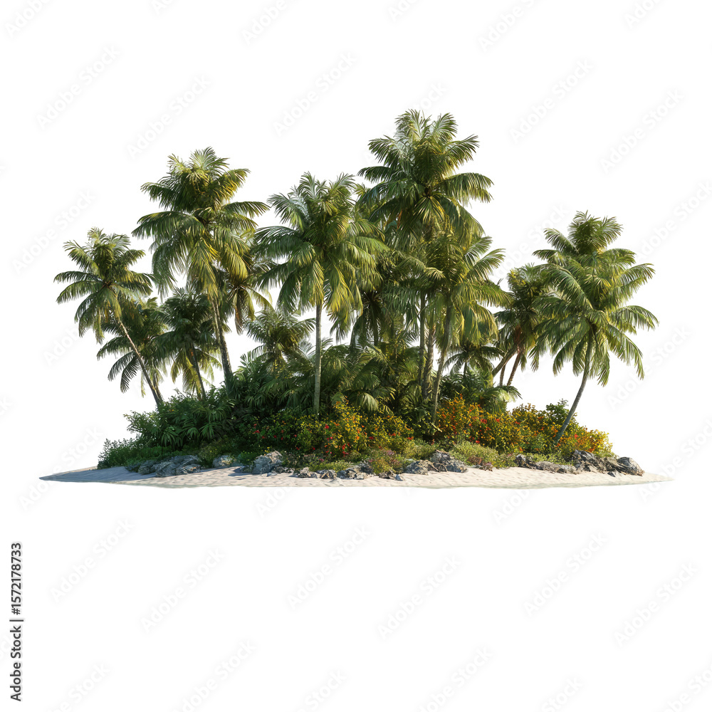 Fototapeta premium Tropical palm tree island isolated on transparent background cutout