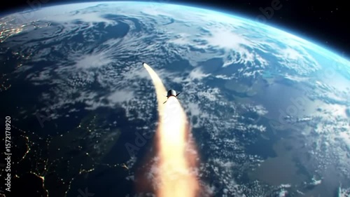 Rocket Launching Through Dark Space Above Earth's City Lights