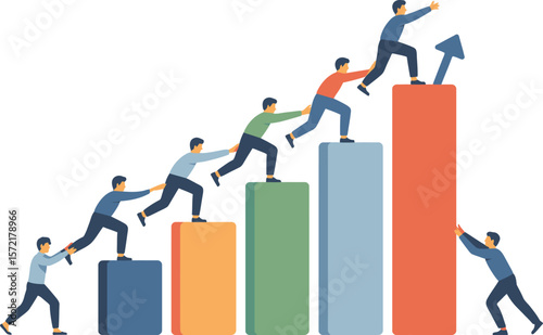 Teamwork and collaboration driving business growth and success up a bar chart. Vector Image, AI Generated