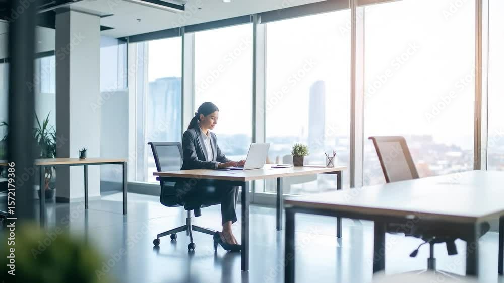 Businesswoman Working At Modern Office Desk With City View