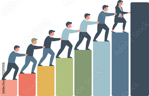 Teamwork and collaboration driving business growth up a colorful bar graph. Vector Image, AI Generated