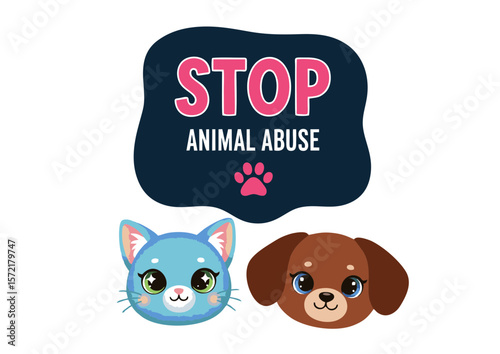 Cute Cartoon Cat and Dog Advocating Against Animal Abuse with Message.