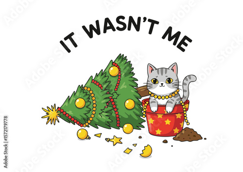 Cartoon Gray Tabby Cat in Red Pot with Christmas Tree.