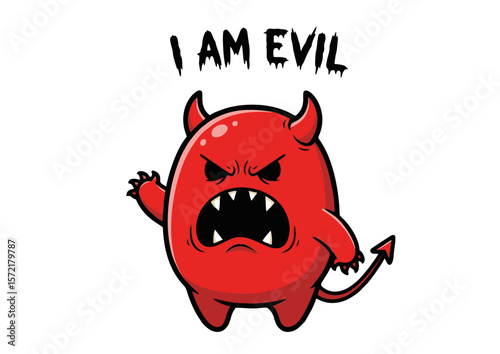 Cartoon Red Devil with Horns and Tail Angry Expression Sharp Teeth.