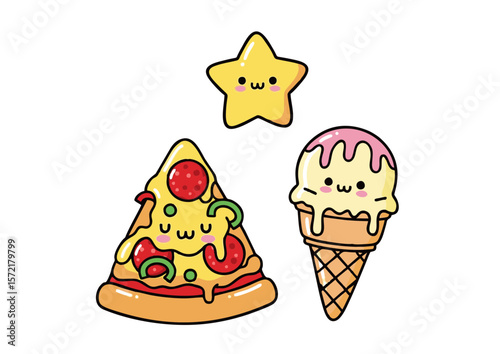 Adorable Kawaii Pizza Slice with Pepperoni Green Peppers and Cute Face.