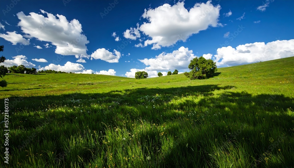 Obraz premium Sunny meadow, rolling hills, fluffy clouds