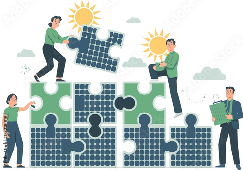 Teamwork assembling solar panel puzzle pieces for a sustainable future with sun. Vector Image, AI Generated
