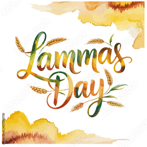 Happy Lammas Day Illustration – Wheat and Lavender Bouquet with Bow and Decorative Harvest Text on White Background