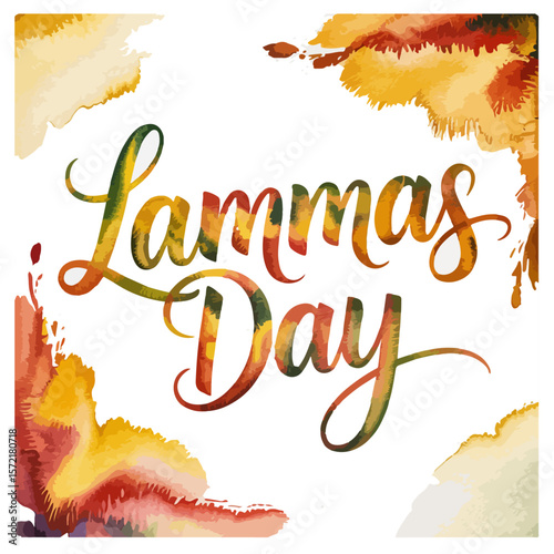 Happy Lammas Day Illustration – Wheat and Lavender Bouquet with Bow and Decorative Harvest Text on White Background