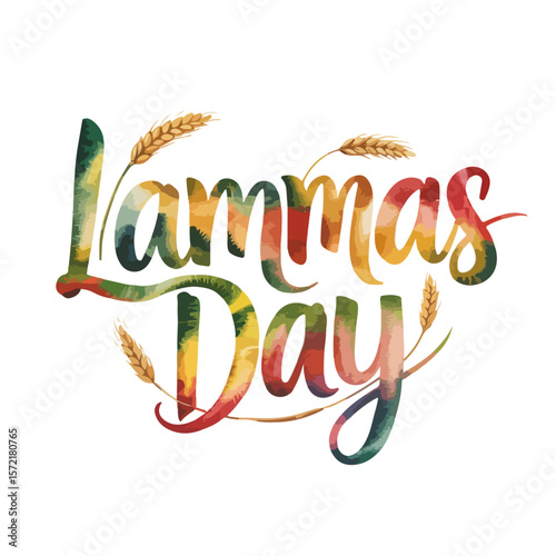 Happy Lammas Day Illustration – Wheat and Lavender Bouquet with Bow and Decorative Harvest Text on White Background