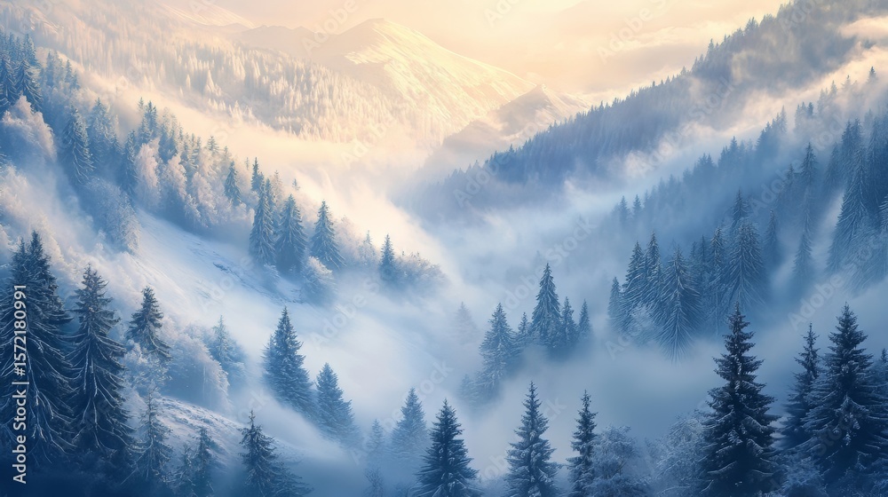 Obraz premium Misty Carpathian spruce forest
