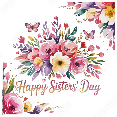 Sisters' Day Card Illustration – Decorative Cursive Text with Floral Elements in Pink, Purple, and Green on White Background