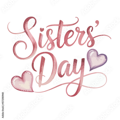 Sisters' Day Card Illustration – Decorative Cursive Text with Floral Elements in Pink, Purple, and Green on White Background