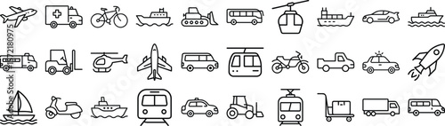 Commercial vehicles line icon vector set, Pictograms of Ship Drone Plane Ship Truck Cargo Truck Forklift Plane Train