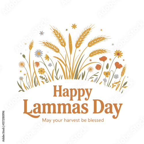 Happy Lammas Day Illustration – Wheat and Lavender Bouquet with Bow and Decorative Harvest Text on White Background
