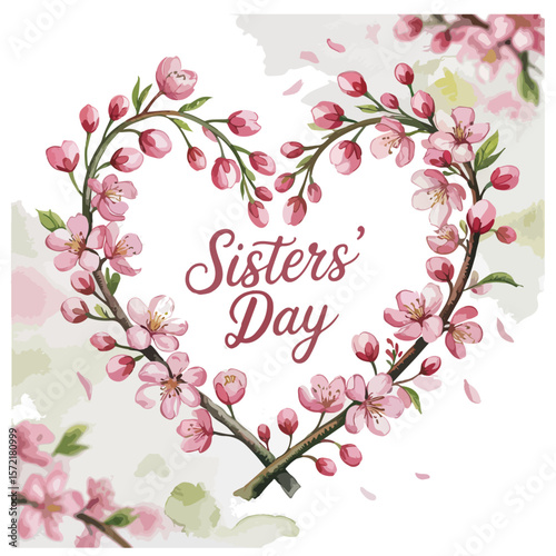 Sisters' Day Card Illustration – Decorative Cursive Text with Floral Elements in Pink, Purple, and Green on White Background