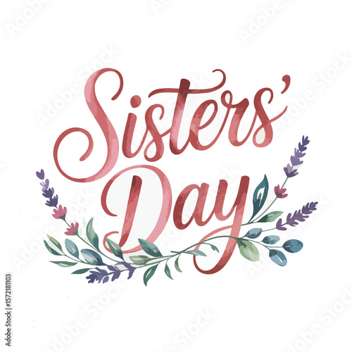 Sisters' Day Card Illustration – Decorative Cursive Text with Floral Elements in Pink, Purple, and Green on White Background
