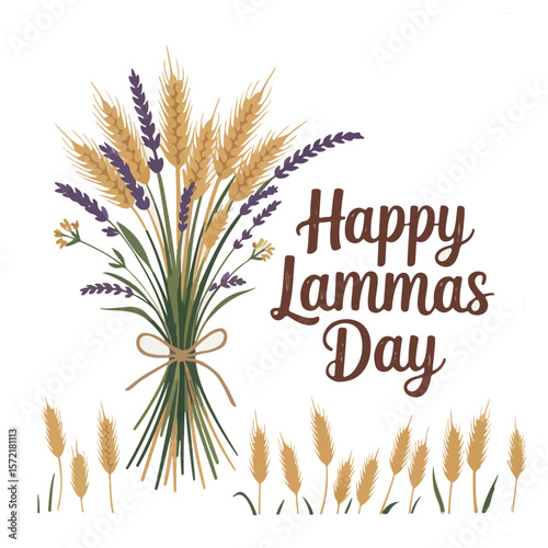 Happy Lammas Day Illustration – Wheat and Lavender Bouquet with Bow and Decorative Harvest Text on White Background
