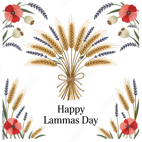 Happy Lammas Day Illustration – Wheat and Lavender Bouquet with Bow and Decorative Harvest Text on White Background