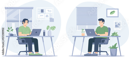 Two men working on laptops at desks in modern offices with plants and windows. Vector Image, AI Generated