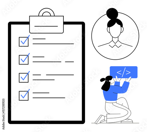 Task checklist with marked items, circular profile avatar, and a coder kneeling with a coding snippet. Ideal for productivity, project management, planning, coding, prioritization, teamwork simple
