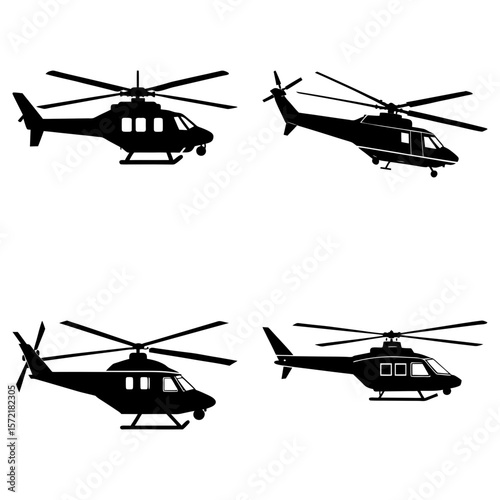Four black helicopter silhouettes with rotating blades on white background