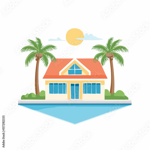 minimalist vacation home with pool palm trees. Minimalist concept of summer holiday, tropical escape