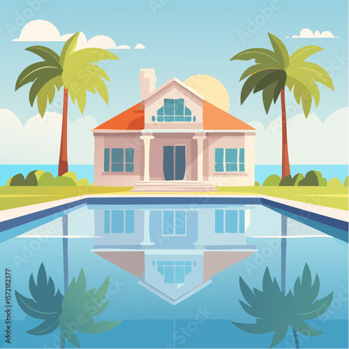 minimalist vacation home with pool palm trees. Minimalist concept of summer holiday, tropical escape