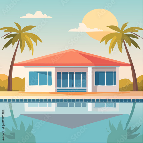 minimalist vacation home with pool palm trees. Minimalist concept of summer holiday, tropical escape