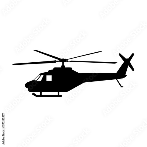 Silhouette of a helicopter with rotor blades and tail propeller shown side